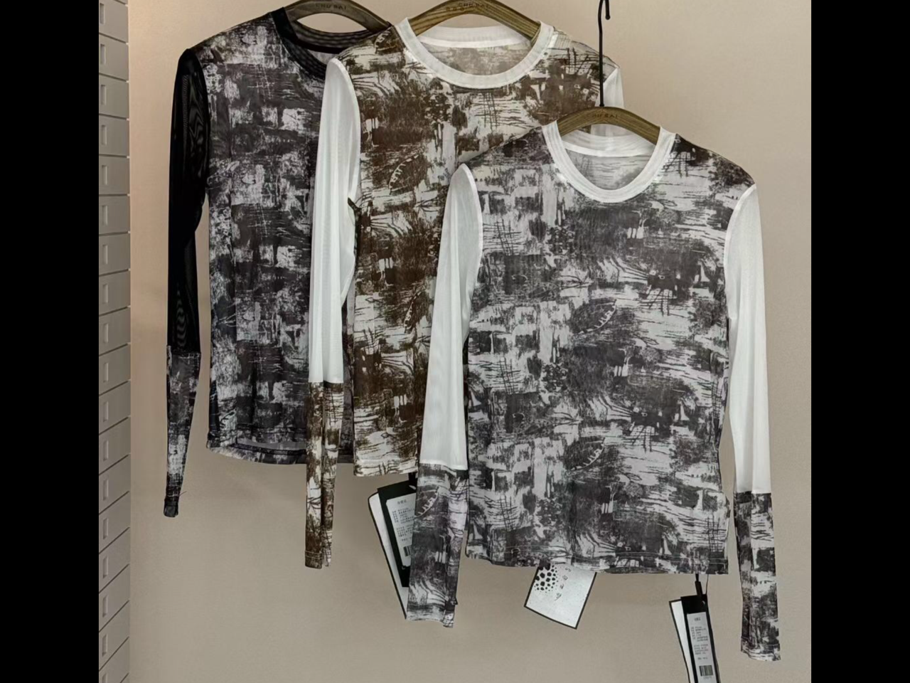 Abstract Print Mesh Long-Sleeve Tops